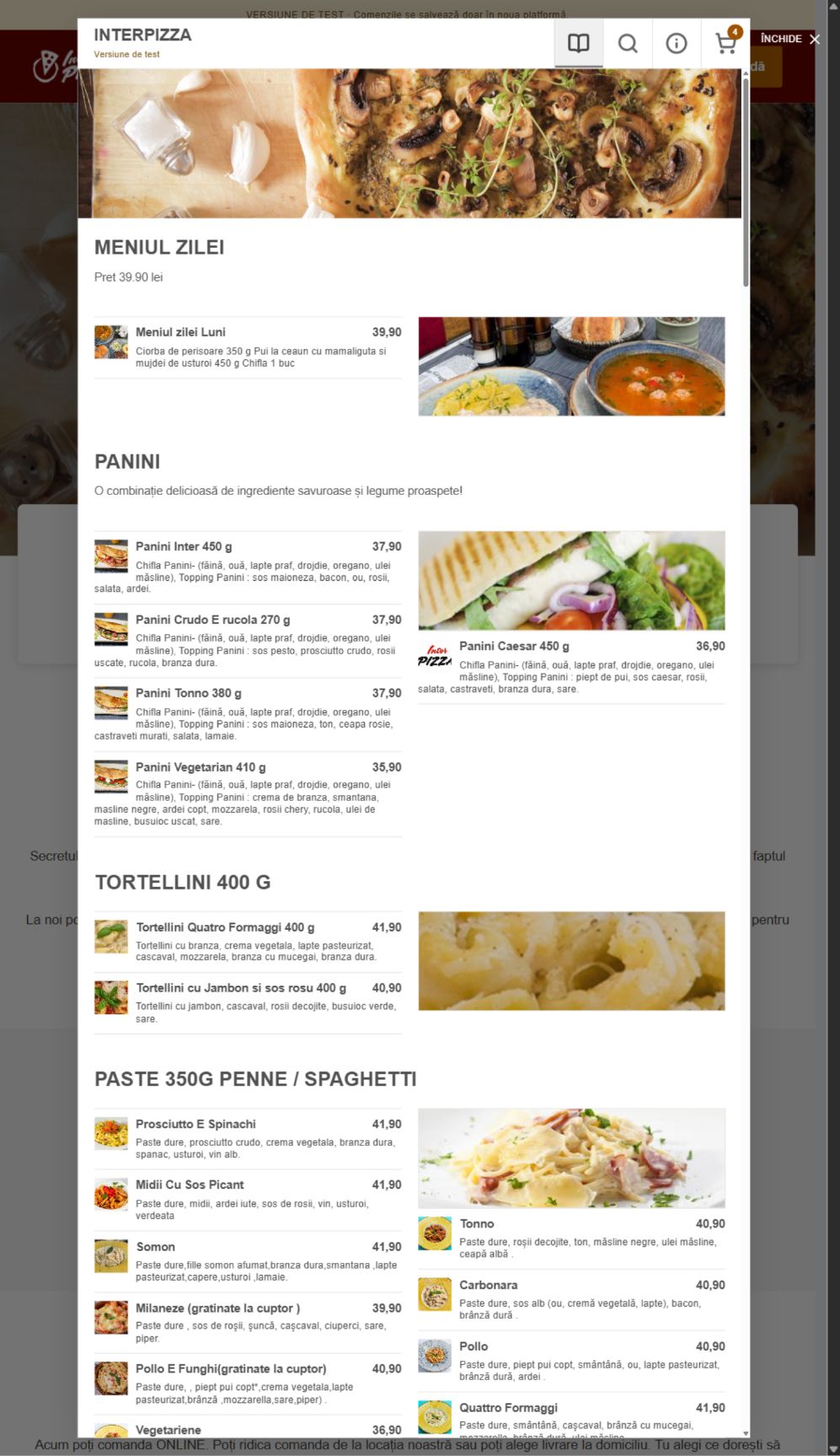Meniul online InterPizza din platforma pentru restaurante, cu categorii și produse pizza